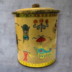 1960 SLK CO INC 5" ENGLAND TEA BISCUIT COLLECTIBLE GRAPHIC METAL TIN W/ LID VTG